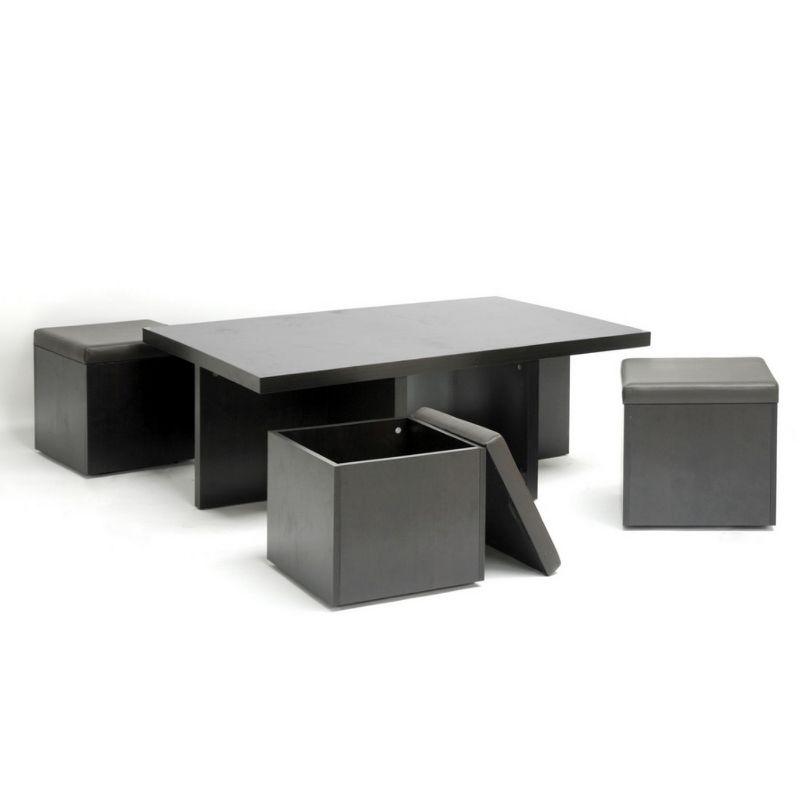 Baxton Studio Prescott Modern Table and Stool Set with Hidden Storage Dark Brown: Square Coffee Table, Criss Cross Base, Wood Frame