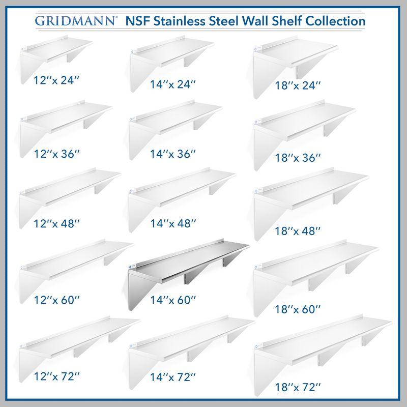 GRIDMANN 14" Deep Stainless Steel Kitchen Wall Mount Shelves with Backsplash - NSF Certified