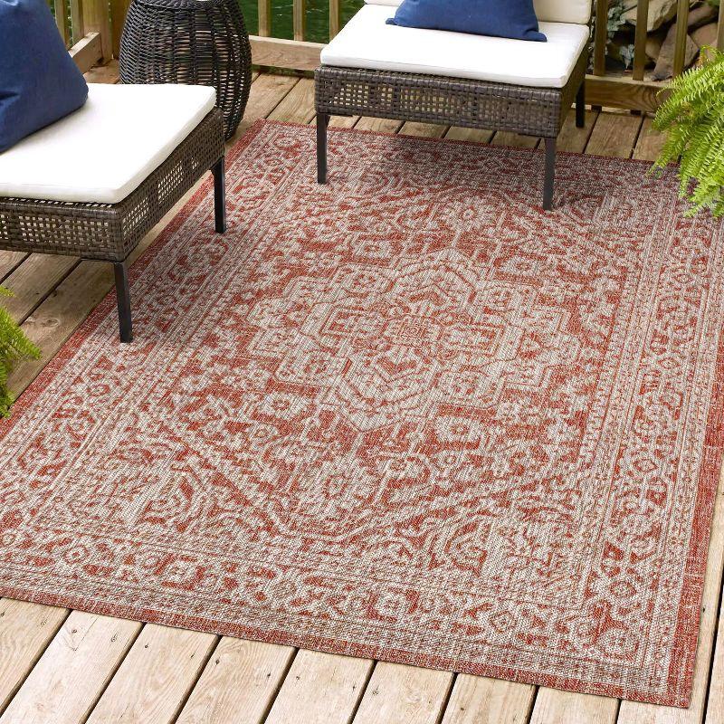 8'x10' Sinjuri Medallion Textured Weave Indoor/Outdoor Area Rug, Red/Taupe - JONATHAN Y