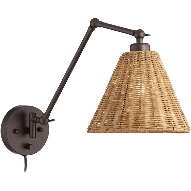 Barnes and Ivy Mid Century Modern Swing Arm Wall Lamps Set of 2 Bronze Plug-In Light Fixture Natural Rattan Shade for Bedroom Bedside House