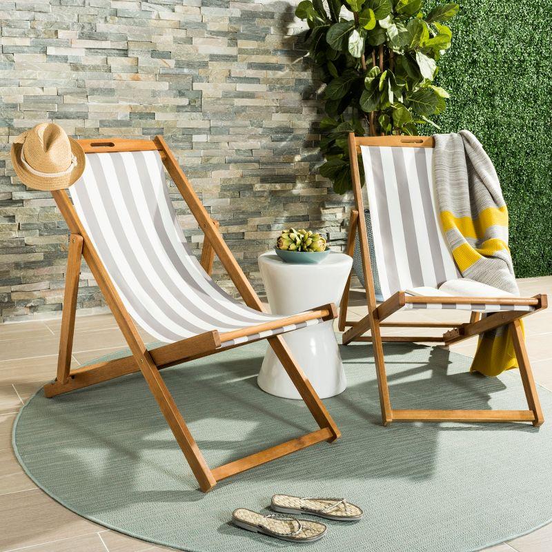 Loren Natural Teak and Grey Stripe Foldable Sling Chair Set