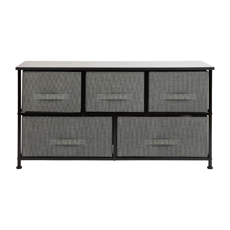Flash Furniture 5 Drawer Wood Top Black Cast Iron Frame Vertical Storage Dresser with Dark Gray Easy Pull Fabric Drawers