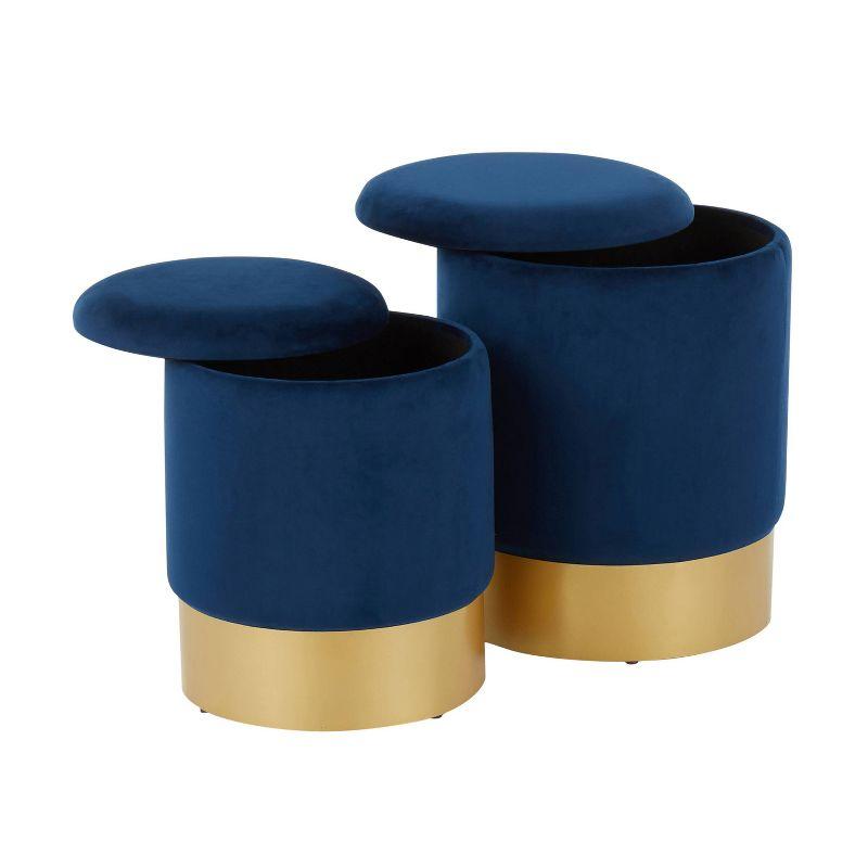 Blue Velvet and Gold Round Nesting Ottomans Set of 2