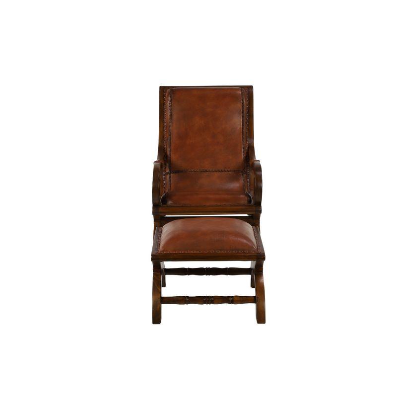 Traditional Teak Wood Accent Chair with Arms and Ottoman Brown - Olivia & May: Leather Upholstered, No Assembly Required