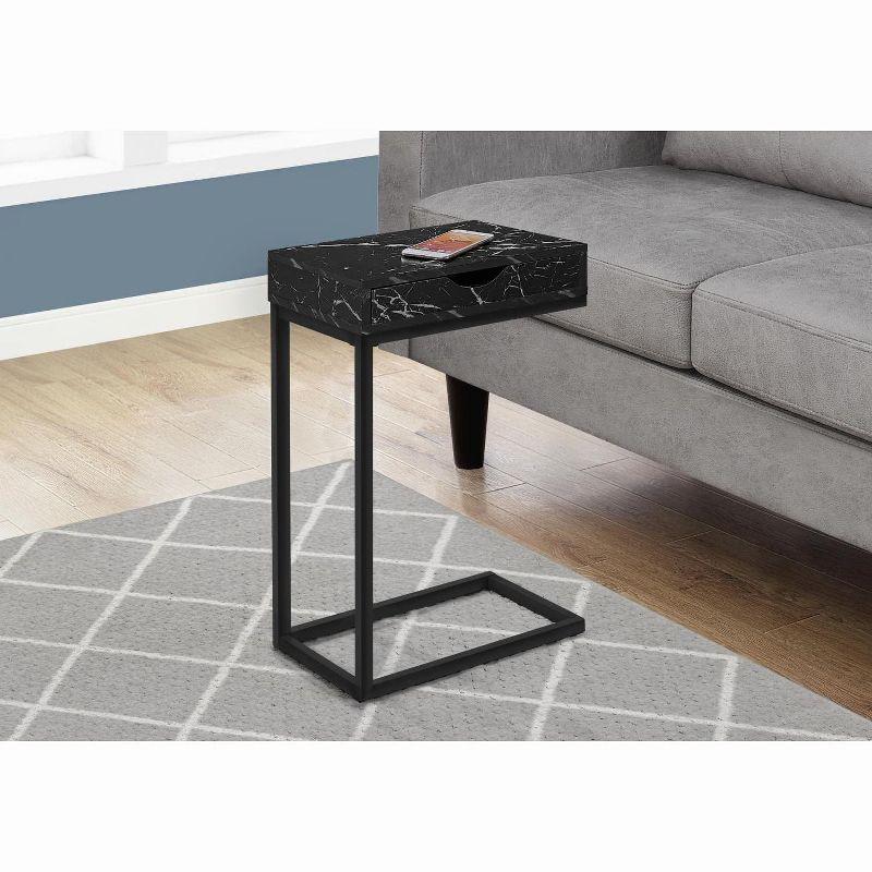 Monarch Specialties Accent Table C-Shaped End Side Snack Storage Drawer Living Room Bedroom Metal Laminate Black Marble Look Contemporary Modern