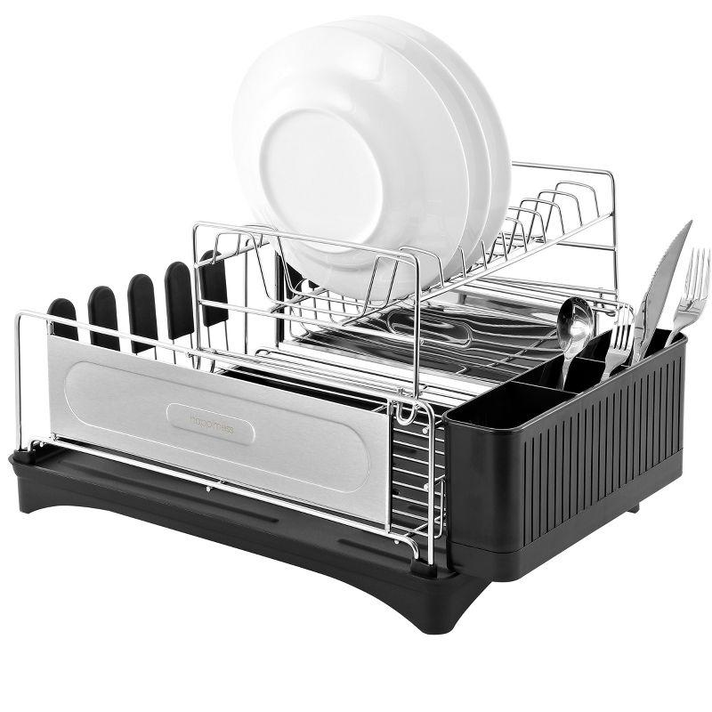 happimess Compact 18.25" 2-Tier Fingerprint-Proof Stainless Steel Dish Drying Rack with Swivel Spout Tray, Stainless Steel/Black