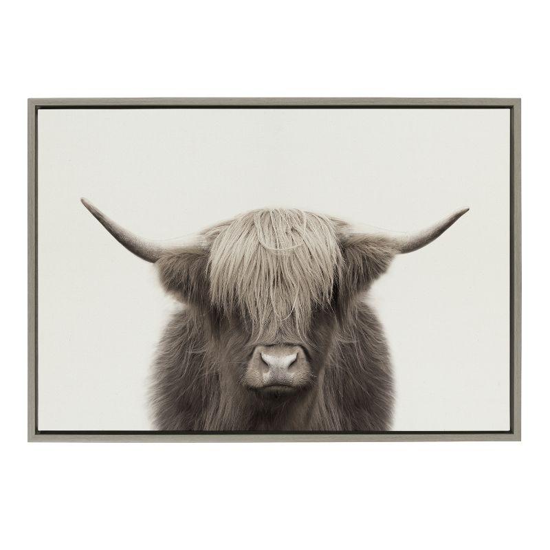Kate and Laurel Sylvie Hey Dude Highland Cow Color Framed Canvas by The Creative Bunch Studio, 23x33, Gray