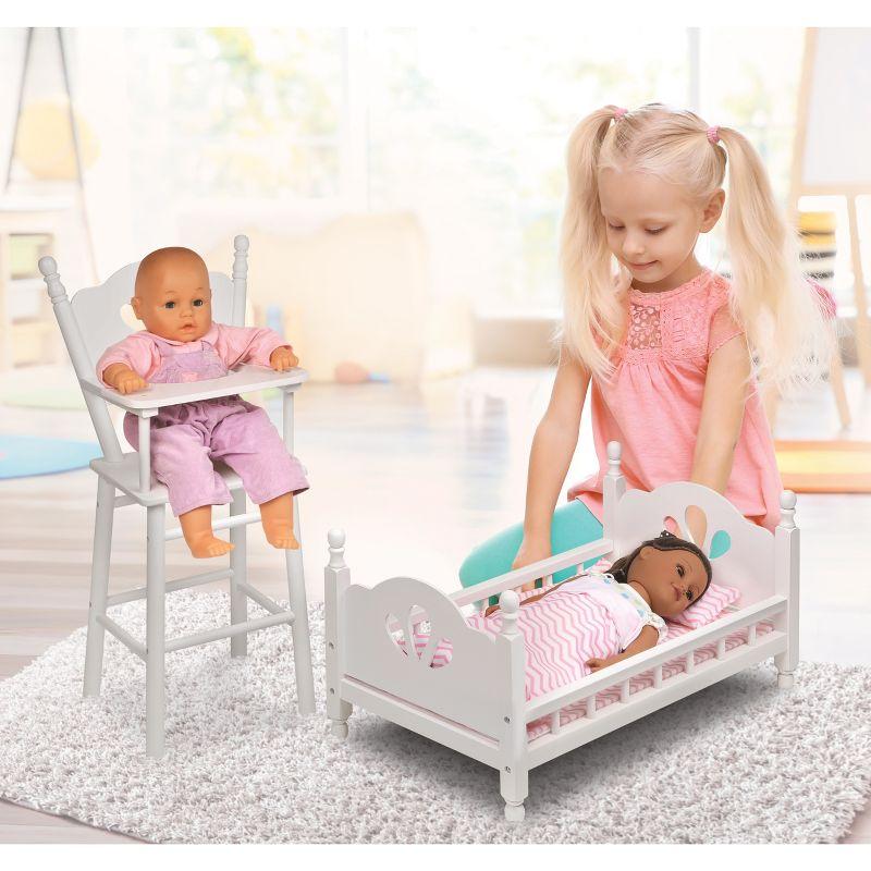 English Country Doll High Chair and Bed Set with Chevron Bedding - White/Pink