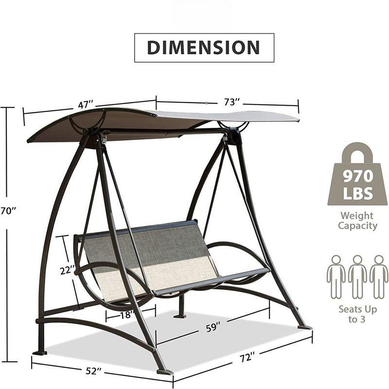 Outdoor 3-Seat Patio Swing Chair With Weather Resistant Canopy Steel Frame Swinging Bench For Garden Poolside Backyard