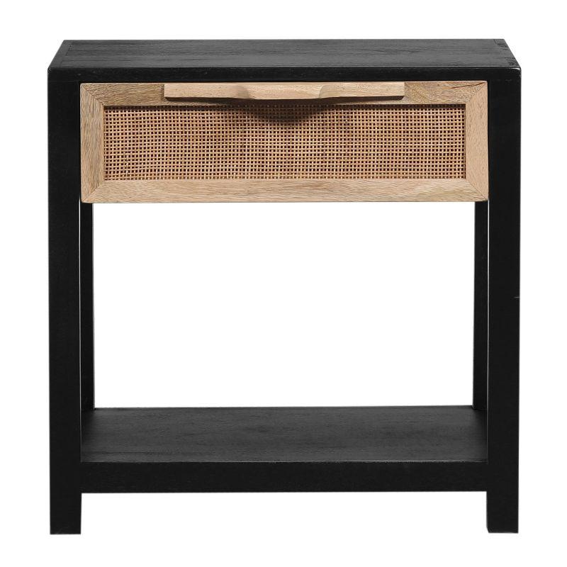 Benzara 22" Side Table with Rattan Front Drawer and Open Shelf Mango Wood Frame Black/Brown