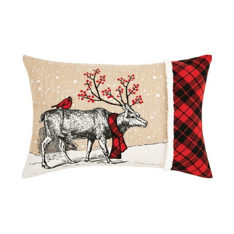 Christmas Deer Embroidered Beige and Red Throw Pillow