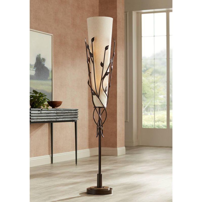 Bronze Torchiere Floor Lamp with Linen Shade and Vine Detail