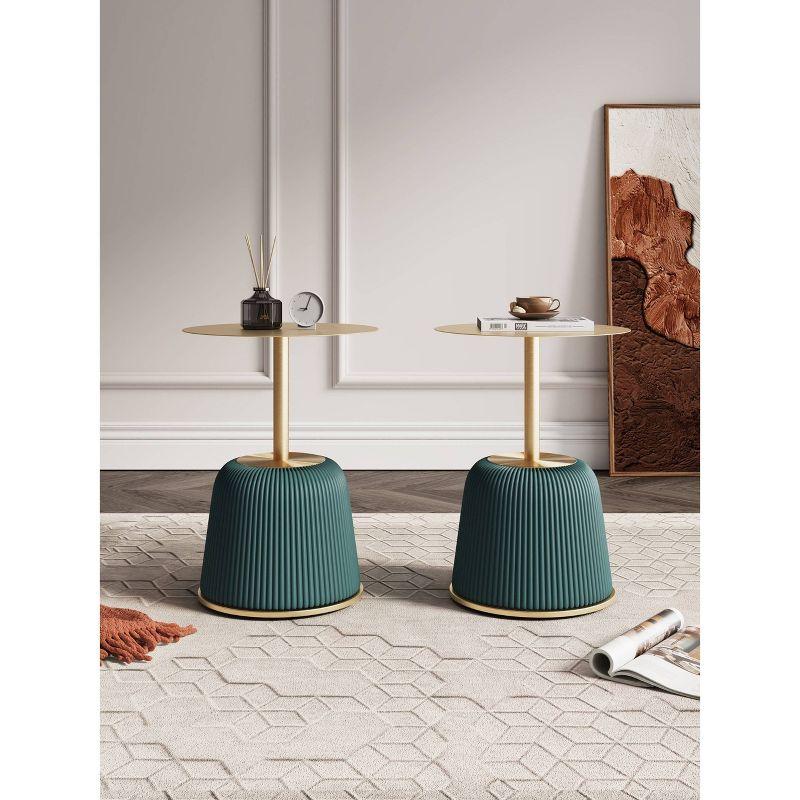 Manhattan Comfort Set of 2 Anderson Leatherette Upholstered End Tables with Gold Tabletop Green: Round, No Assembly, Stainless Steel Frame
