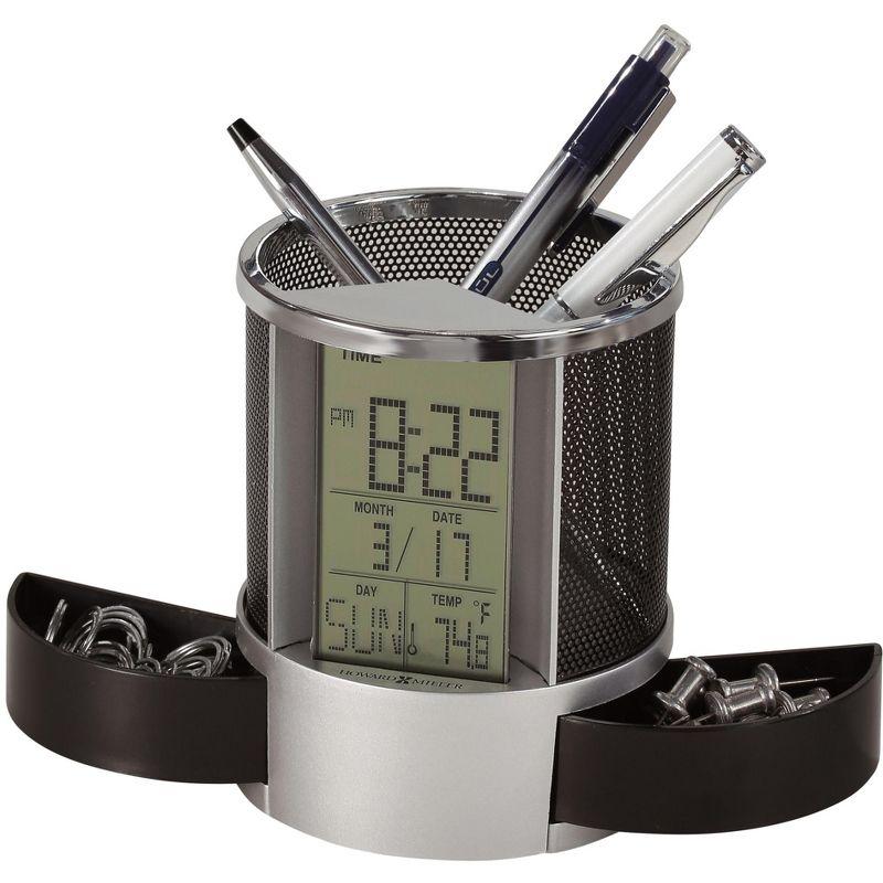 Howard Miller Black and Silver Digital Table Clock with Pencil Cup