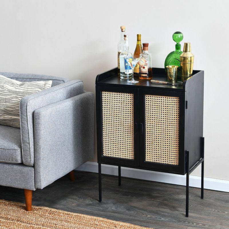 Storied Home Boho Solid Wood Bar Cabinet with Metal Legs and Woven Cane Doors