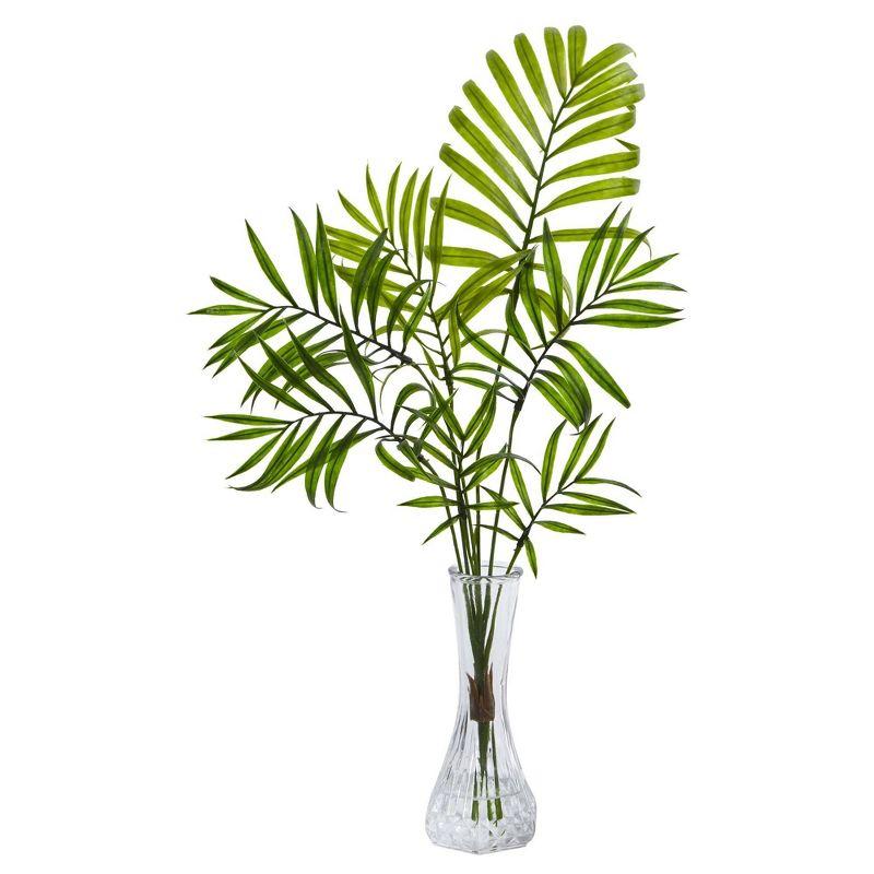 17.25" Green Plastic Mini Palm Arrangement in Glass Vase Set