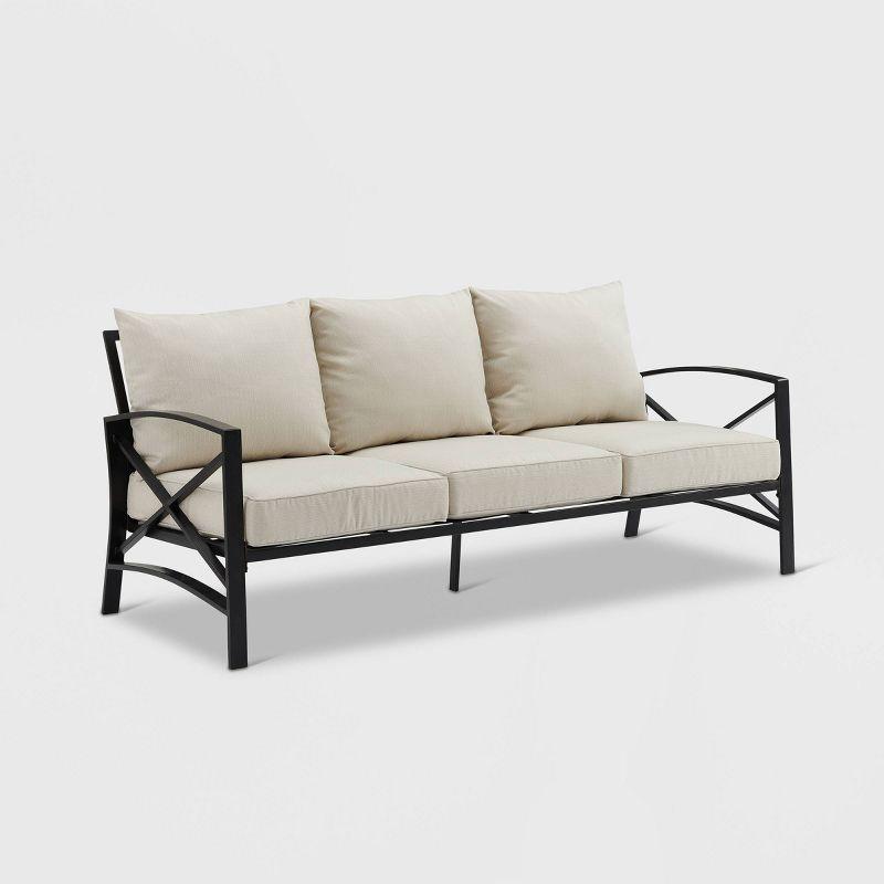 Oatmeal Cushioned Black Metal Three-Seat Outdoor Sofa