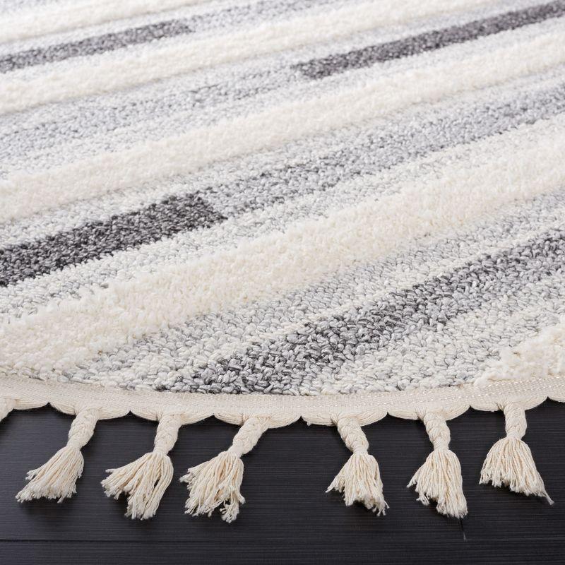 Ivory and Grey Round Braided Shag Rug with Tassels