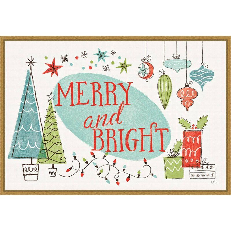 Merry and Bright Christmas Tree Canvas Print with Gold Frame