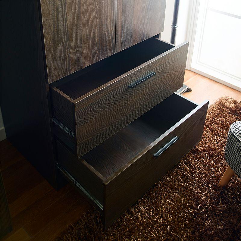 AndMakers Brook Two-Door Wood Closet with Two Drawers and Hanging Bars in Dark Brown