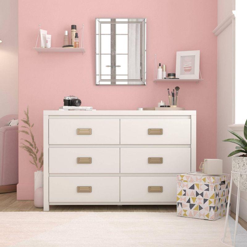 White Campaign Style 6-Drawer Dresser with Gold Pulls