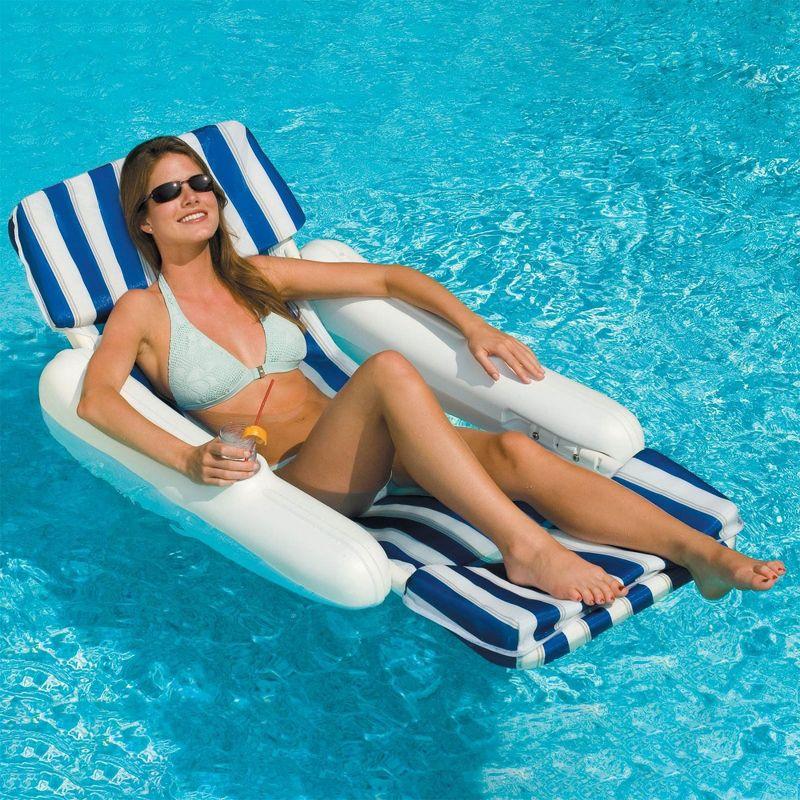 Swimline SunChaser Padded Floating Luxury Pool Lounger Sling Chair Float with Extra Thick Headrest and 2 Cup Holders, Blue/White Stripe