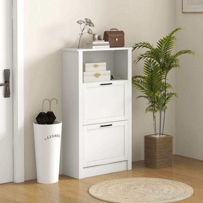 White MDF Shoe Storage Cabinet with Flip Drawers and Open Shelf