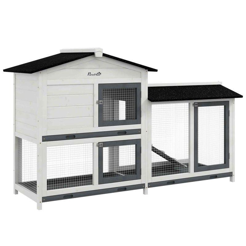 Gray and White Wooden 2-Story Rabbit Hutch with Ramp