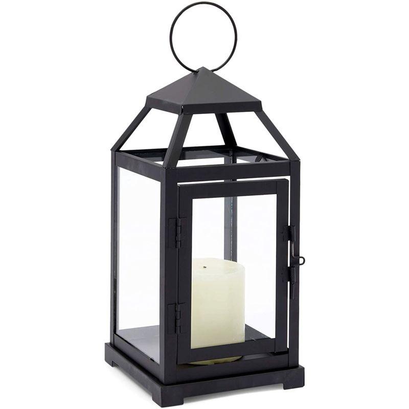 Juvale Black Decorative Candle Lantern, Decorative Metal Candle Holder with Tempered Glass, 5.3 x 11 in