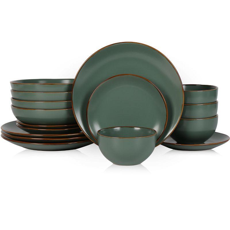 Green Ceramic 16-Piece Dinnerware Set with Brown Edged Borders