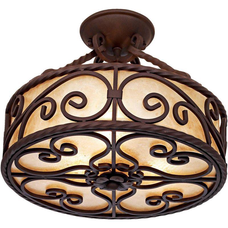 John Timberland Natural Mica Rustic Ceiling Light Semi Flush Mount Fixture 15" Wide Deep Walnut Scroll 3-Light Drum Shade for Bedroom Living Room Home