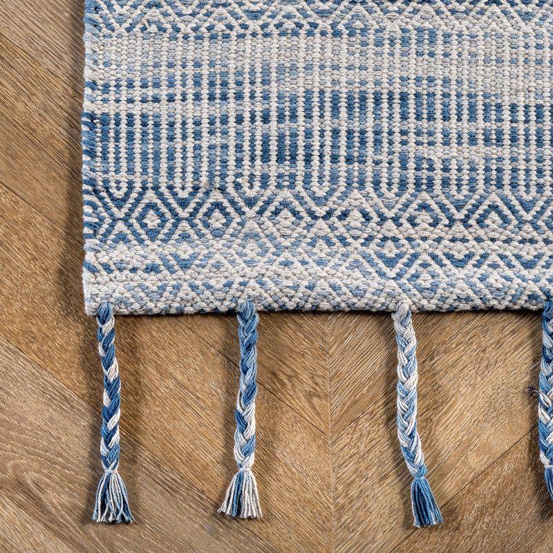 Blue Geometric Cotton Tassel Runner Rug, 2' x 6'