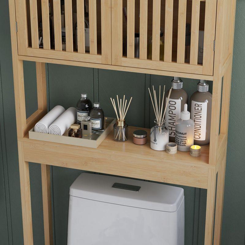 HOMCOM Bamboo Over the Toilet Storage Cabinet, Bathroom Space Saver Above Toilet with Double Slatted Doors, Adjustable Shelf and Open Shelf, Natural