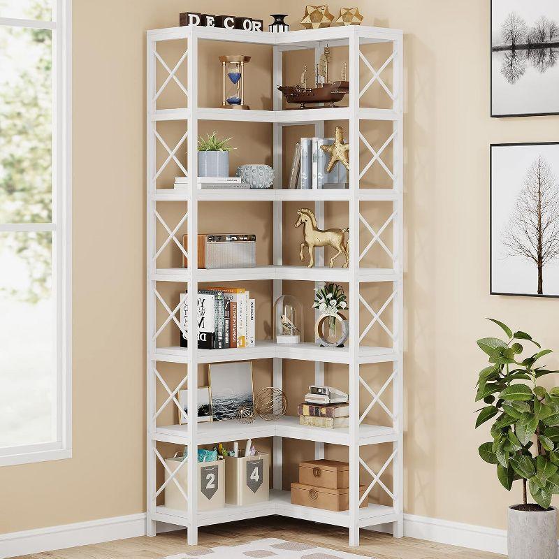 Tribesigns 7-Tier L-Shaped Bookshelf, Wood Corner Etagere Bookcase, Freestanding Display Shelving Unit, White