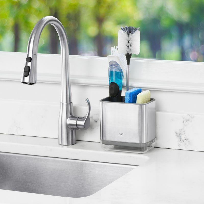 OXO Stainless Steel Sink Caddy: Kitchen Sponge & Dish Brush Holder, Light Silver, Hand Wash, 5.6" Width, 5.5" Height