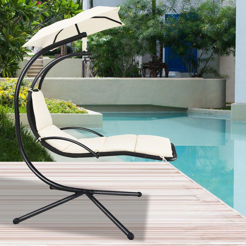 Tangkula Outdoor Hanging Chaise Lounge Chair Floating Chaise Swing Lounger w/Canopy & Cushion Beige