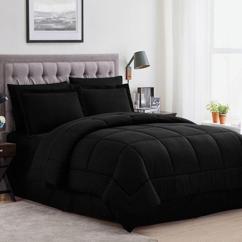 8 Piece Embossed Dobby Stripe Bed In A Bag Set - Queen, Black