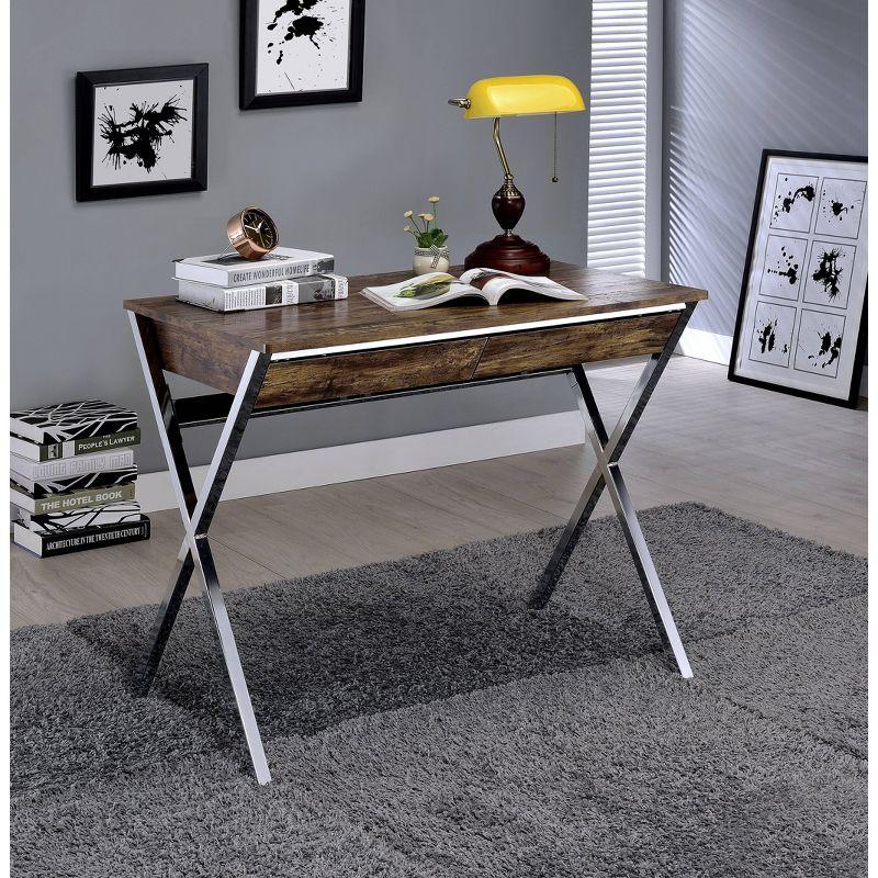 Weathered Oak and Chrome Writing Desk with X-Leg Design