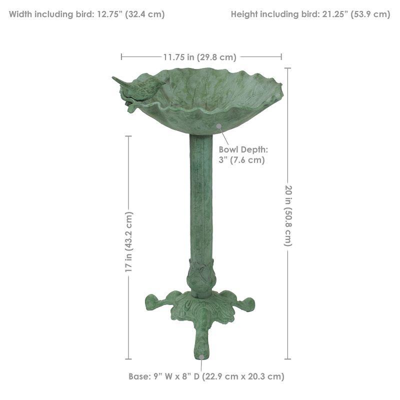 Green Patina Cast Aluminum Leaf Bird Bath with Metal Sculpture