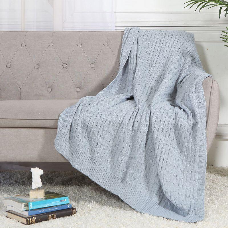 Light Blue Knitted Cable Design Throw Blanket