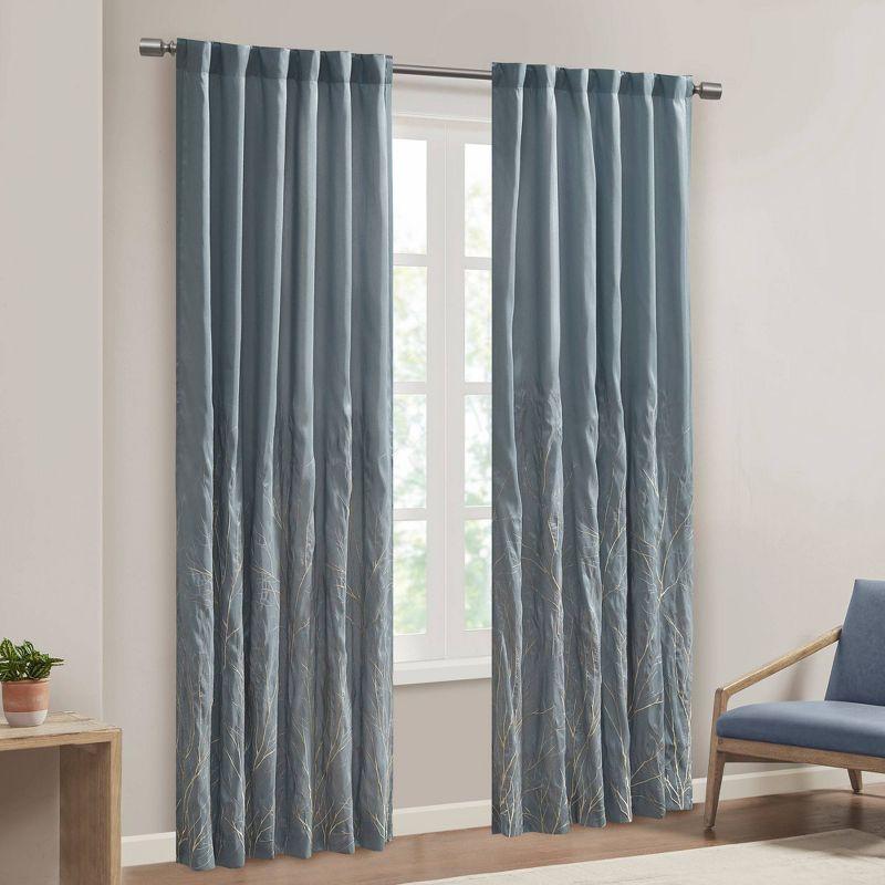 Blue Faux Silk Embroidered Puddle Length Curtain Panel