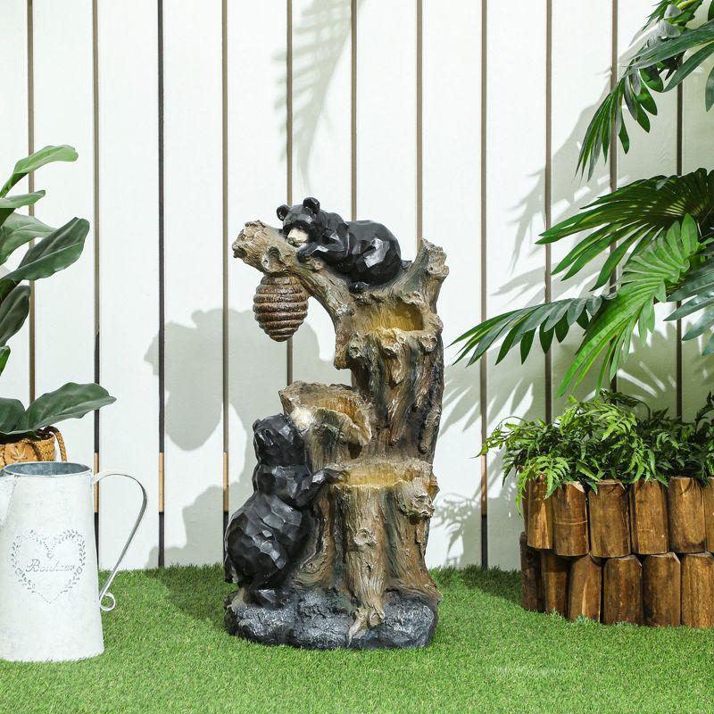 Outsunny 22.4" Outdoor Water Fountain, 3-Tier Floor Standing Resin Bears and Honey Beehive Tree Waterfall Fountain with LED Lights, Pump