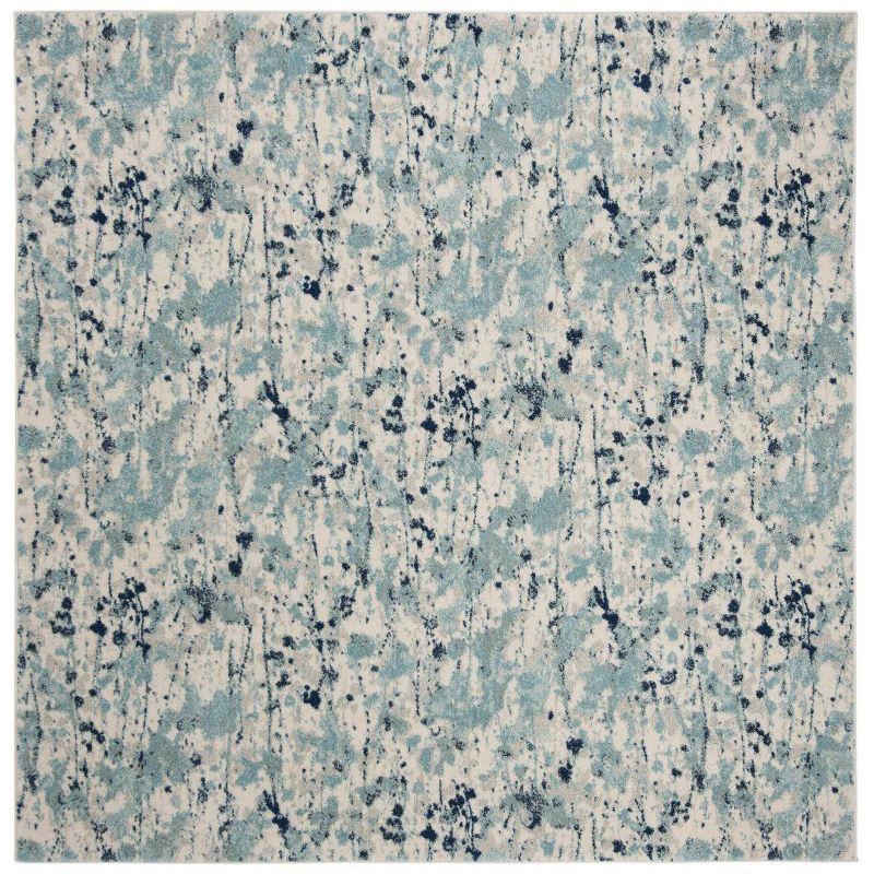 Ivory and Blue Speckled Print Square Synthetic Area Rug