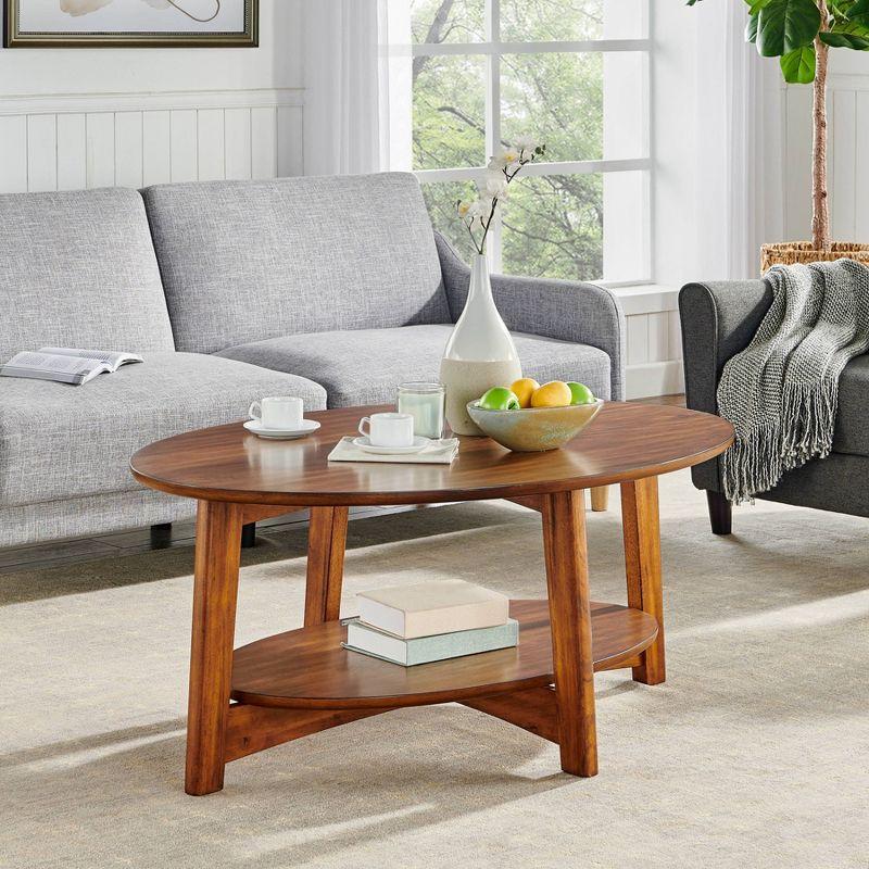 Elegant Oval Mid-Century Chestnut Wood Coffee Table with Floating Shelf