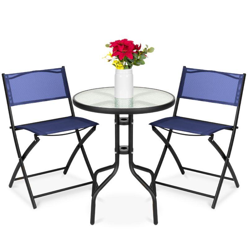 George Oliver 3-Piece Patio Bistro Dining Furniture Set W/ Glass Tabletop, Folding Chairs
