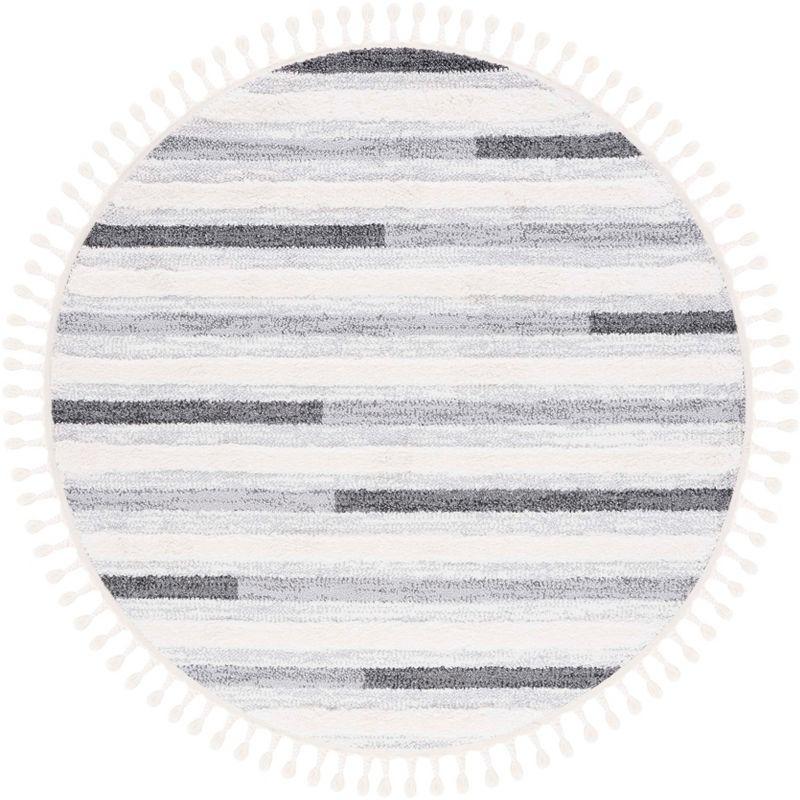 Ivory and Grey Round Braided Shag Rug with Tassels