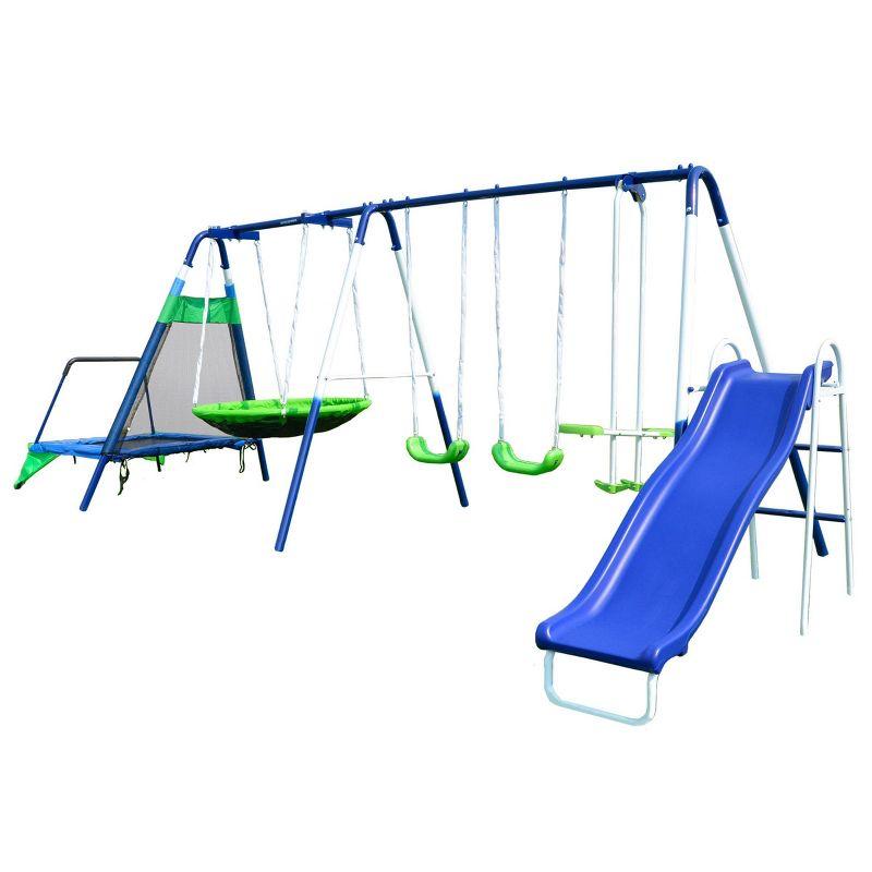 Mountain View Blue and Green Metal Swing Set with Slide and Trampoline