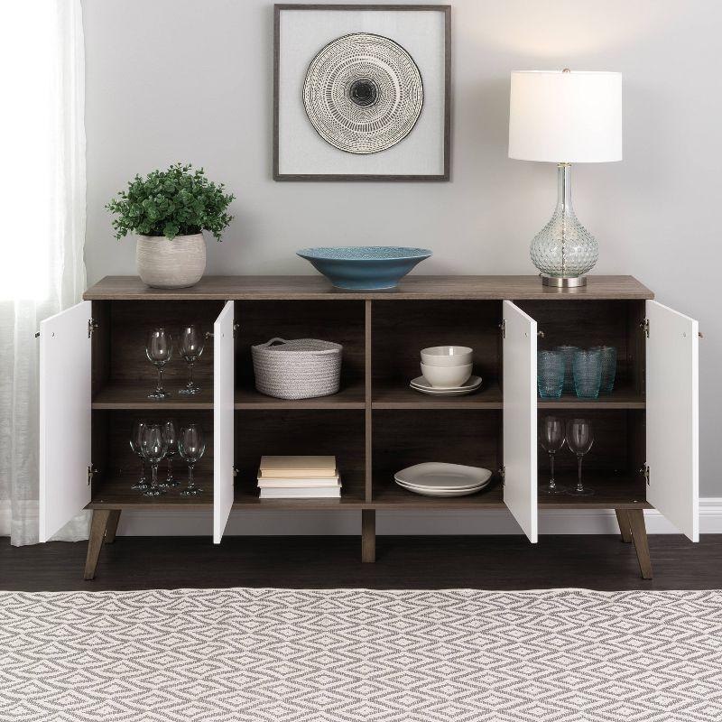 Milo Mid-Century Modern 4 Door Buffet Server Gray/White - Prepac: Laminated Composite Wood, Adjustable Shelves