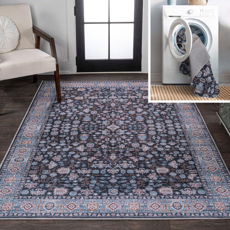 Kemer Black and Blue Washable Synthetic Persian Area Rug