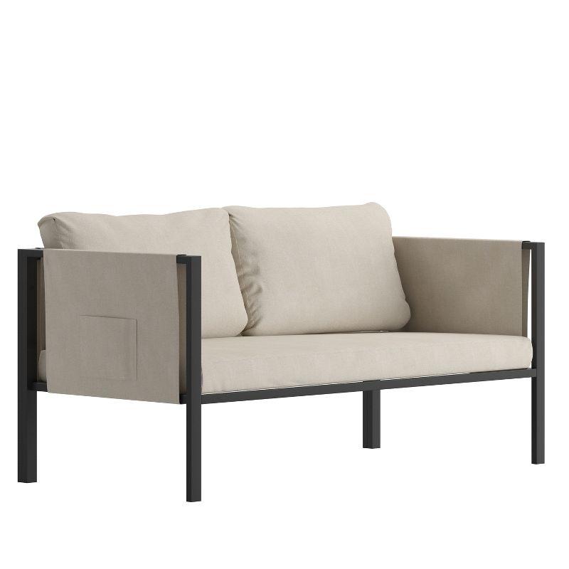 Flash Furniture Lea Indoor/Outdoor Loveseat with Cushions - Modern Steel Framed Chair with Storage Pockets, Black with Beige Cushions